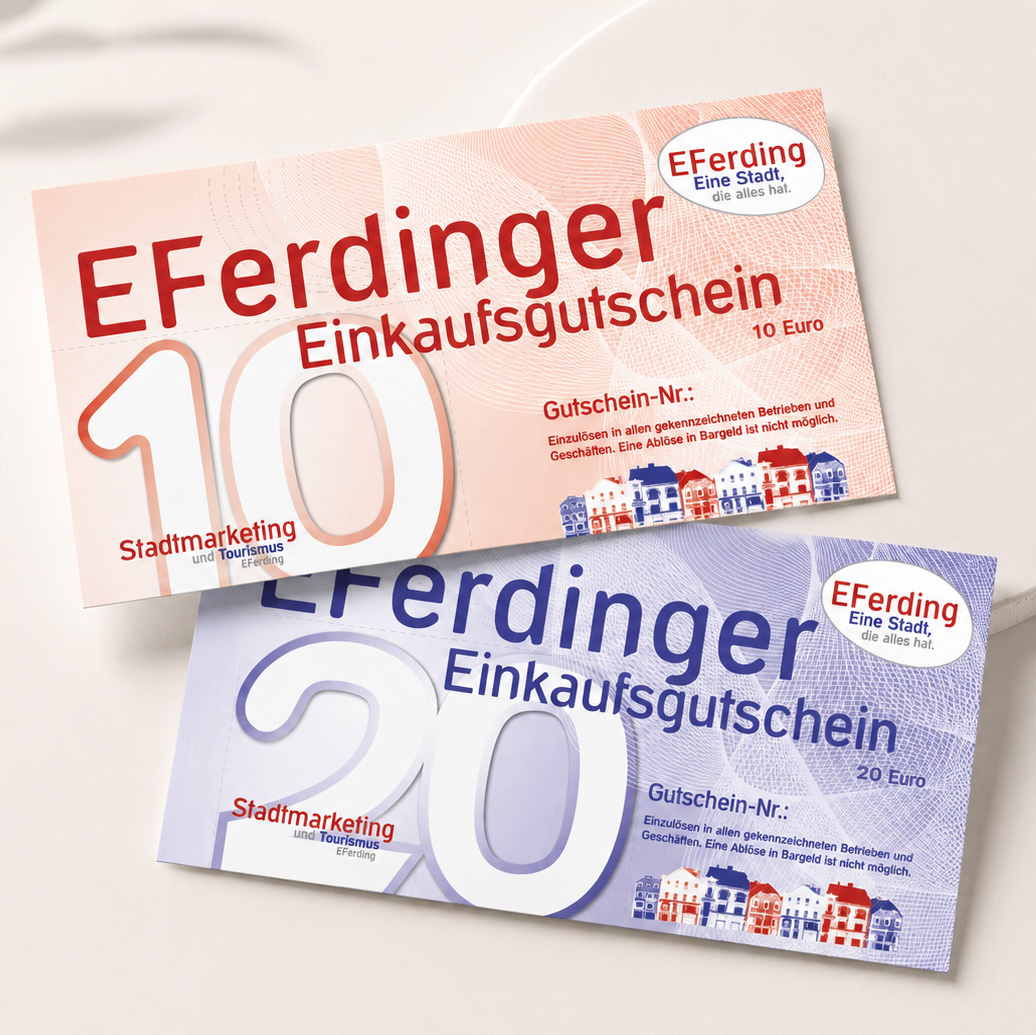 Zwei EFerdinger Einkaufsgutscheine über 10 Euro und 20 Euro mit Stadtmarketing und Tourismus-Logo.