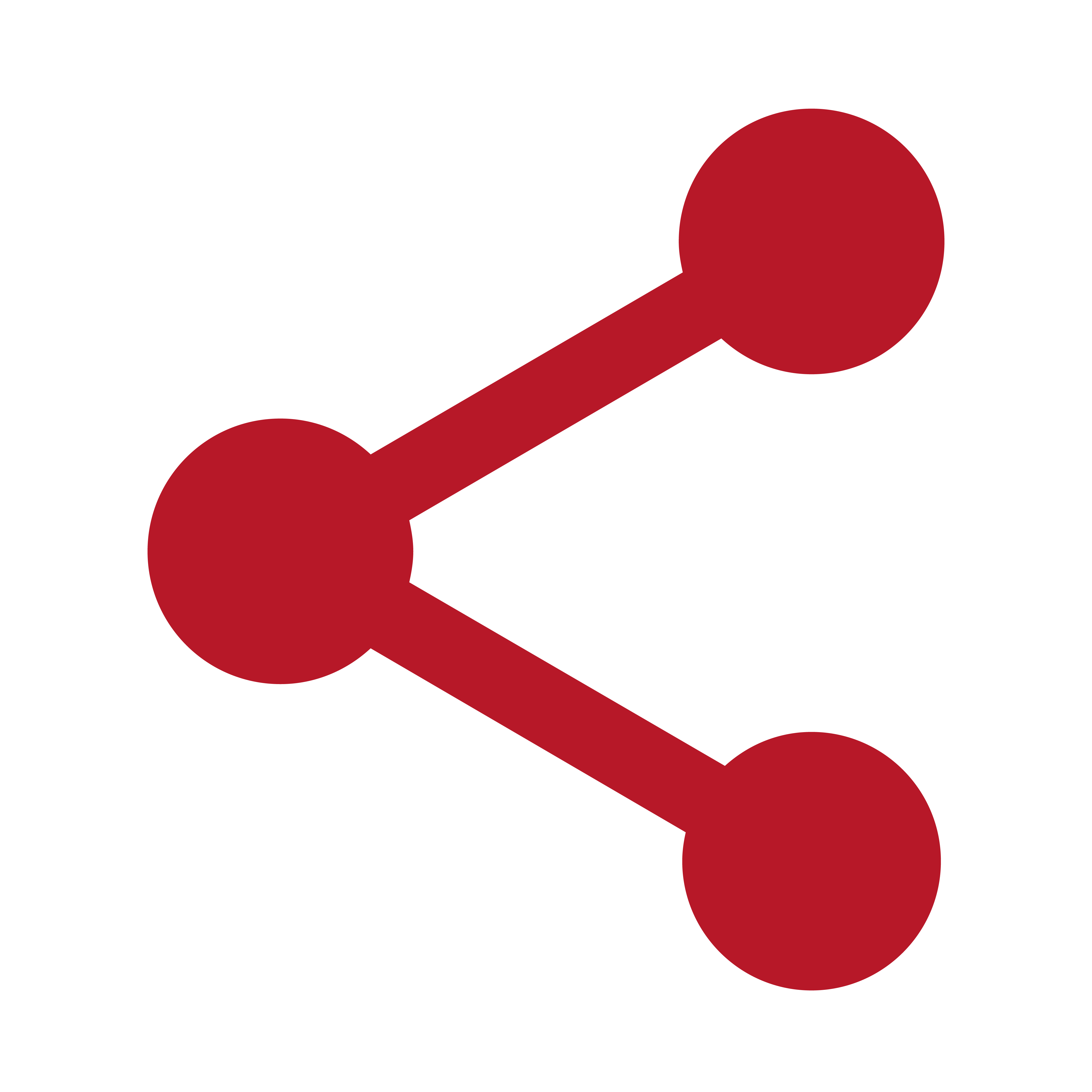 Rotes Teilen-Symbol mit drei verbundenen Kreisen vor schwarzem Hintergrund.