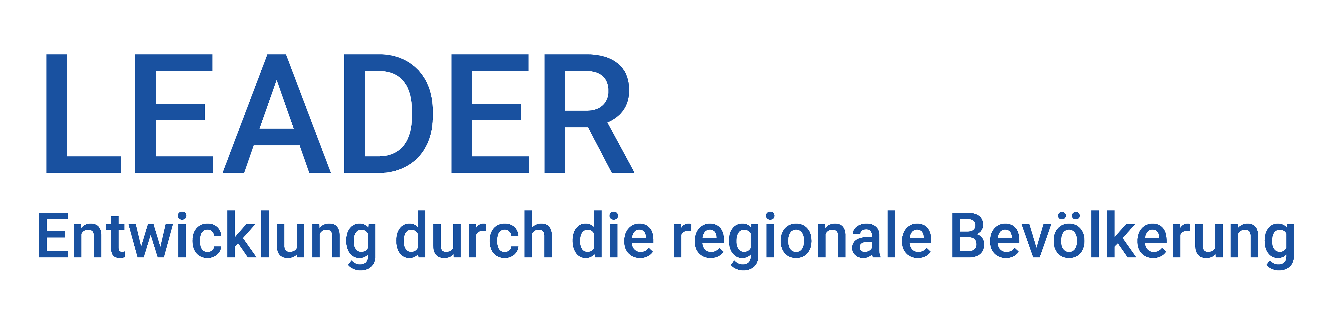 Logo von LEADER mit dem Text Entwicklung durch die regionale Bevölkerung in Blau.