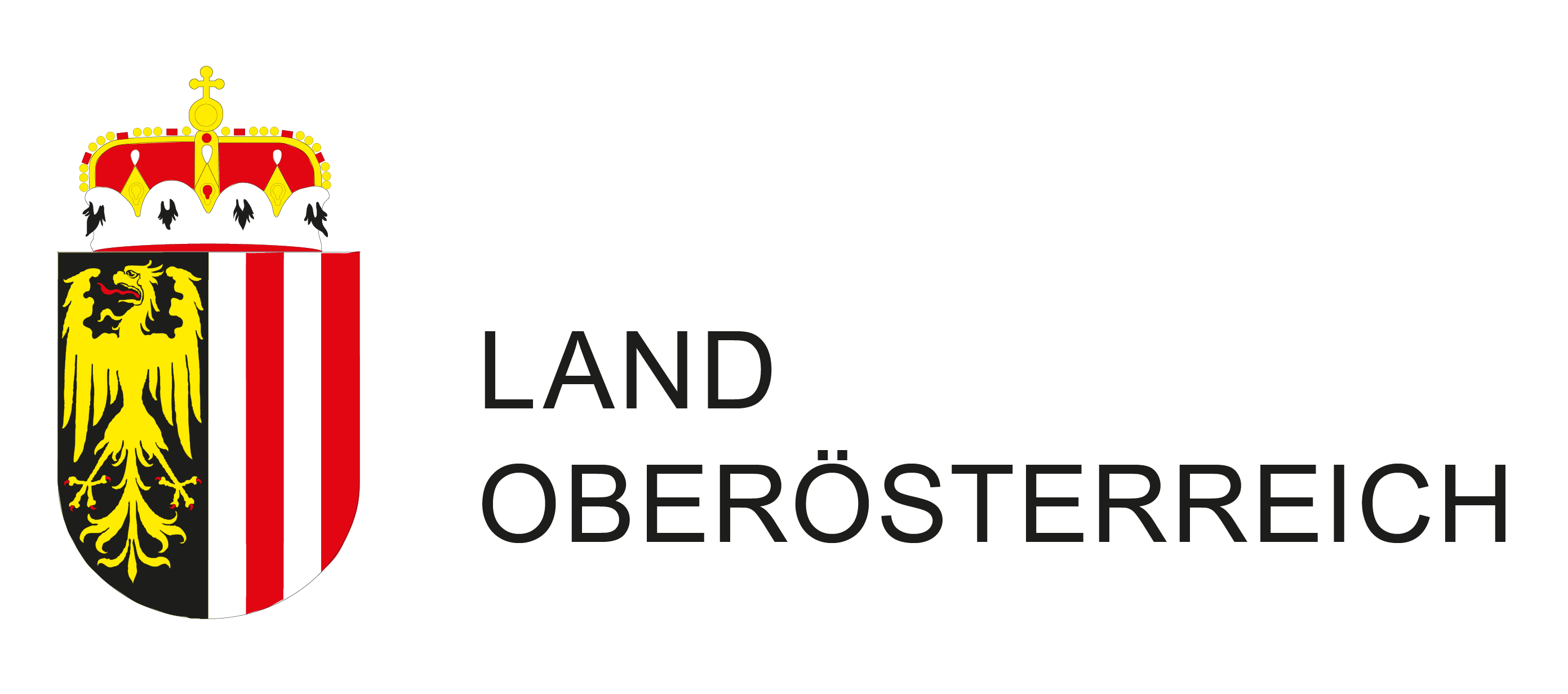 Wappen mit roter und schwarzer Säule, goldener Adler und Krone neben dem Text Land Oberösterreich.