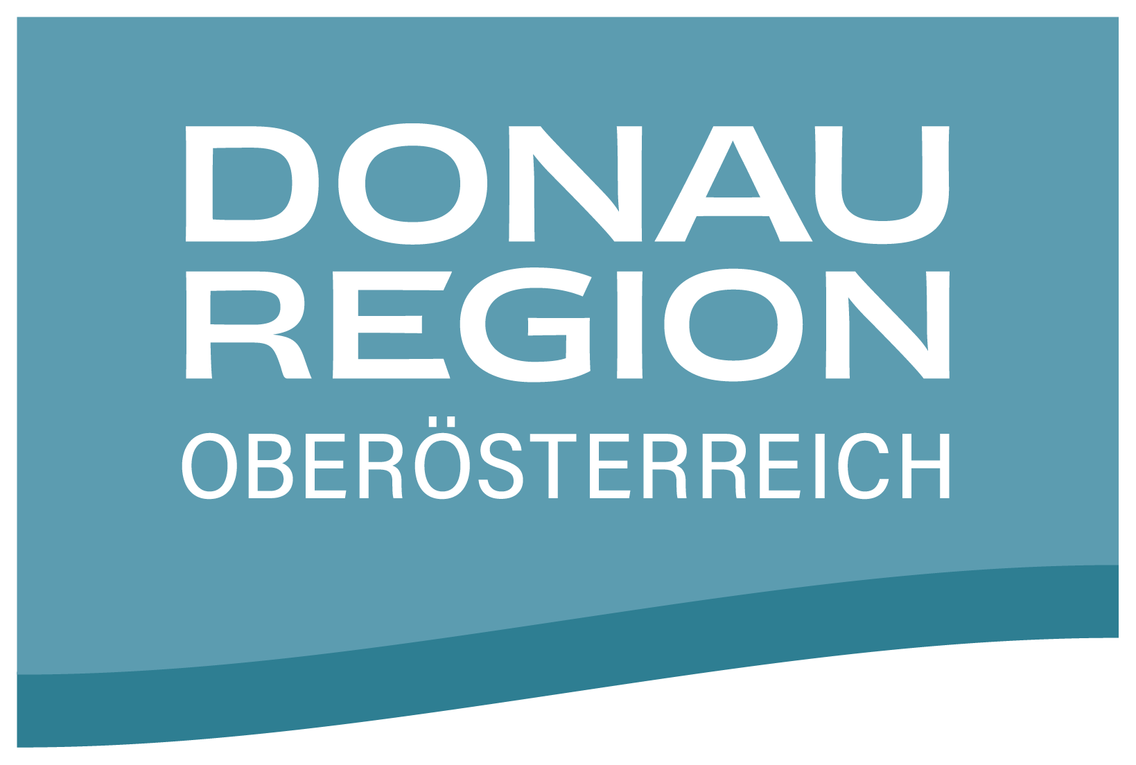 Logo der Donau Region Oberösterreich mit weißem Text auf blauem Hintergrund.