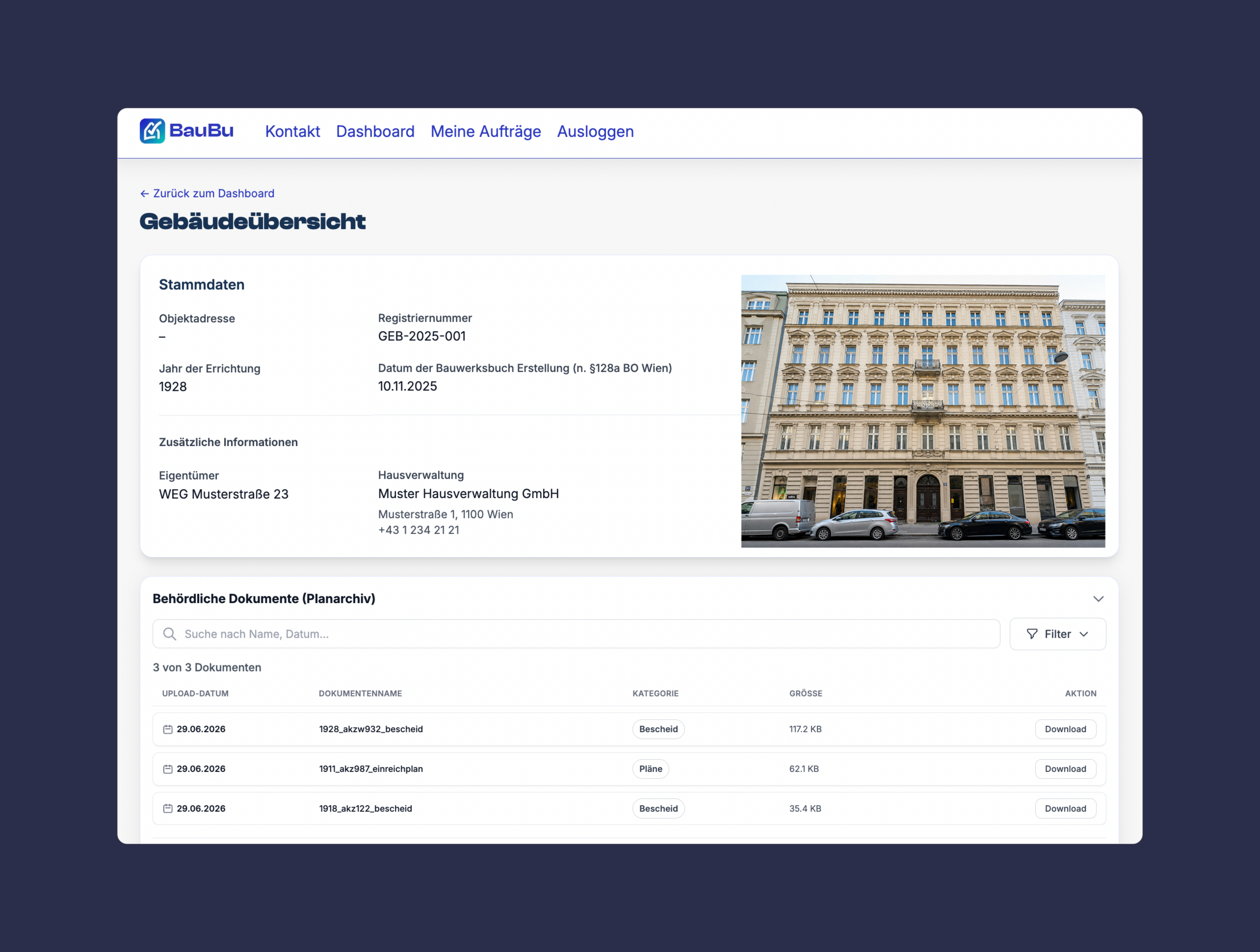Webpage showing building overview with details, photo of a historic beige building, and document list with downloads.