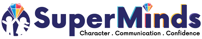SuperMinds logo with tagline Character, Communication, Confidence — public speaking school for children in Singapore.