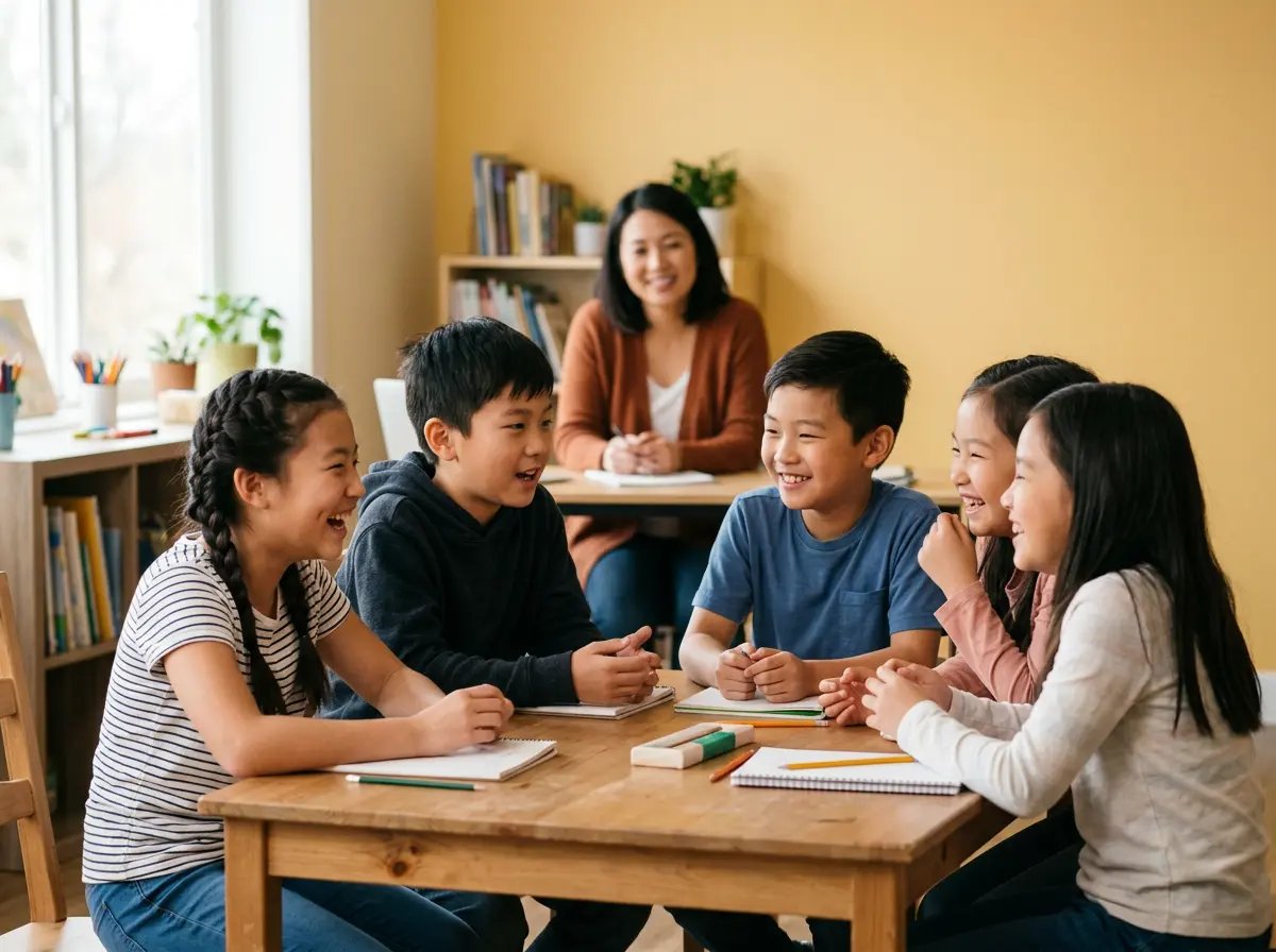 Five children sitting around a table with notebooks, smiling and talking, teacher watching in background.