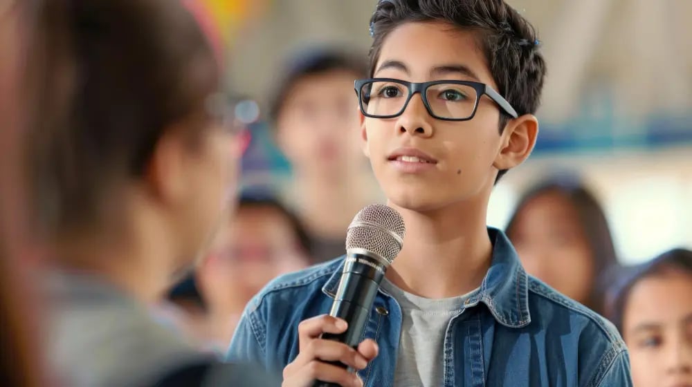 Boy with glasses holding microphone, speaking or asking a question in a classroom with blurred people behind.