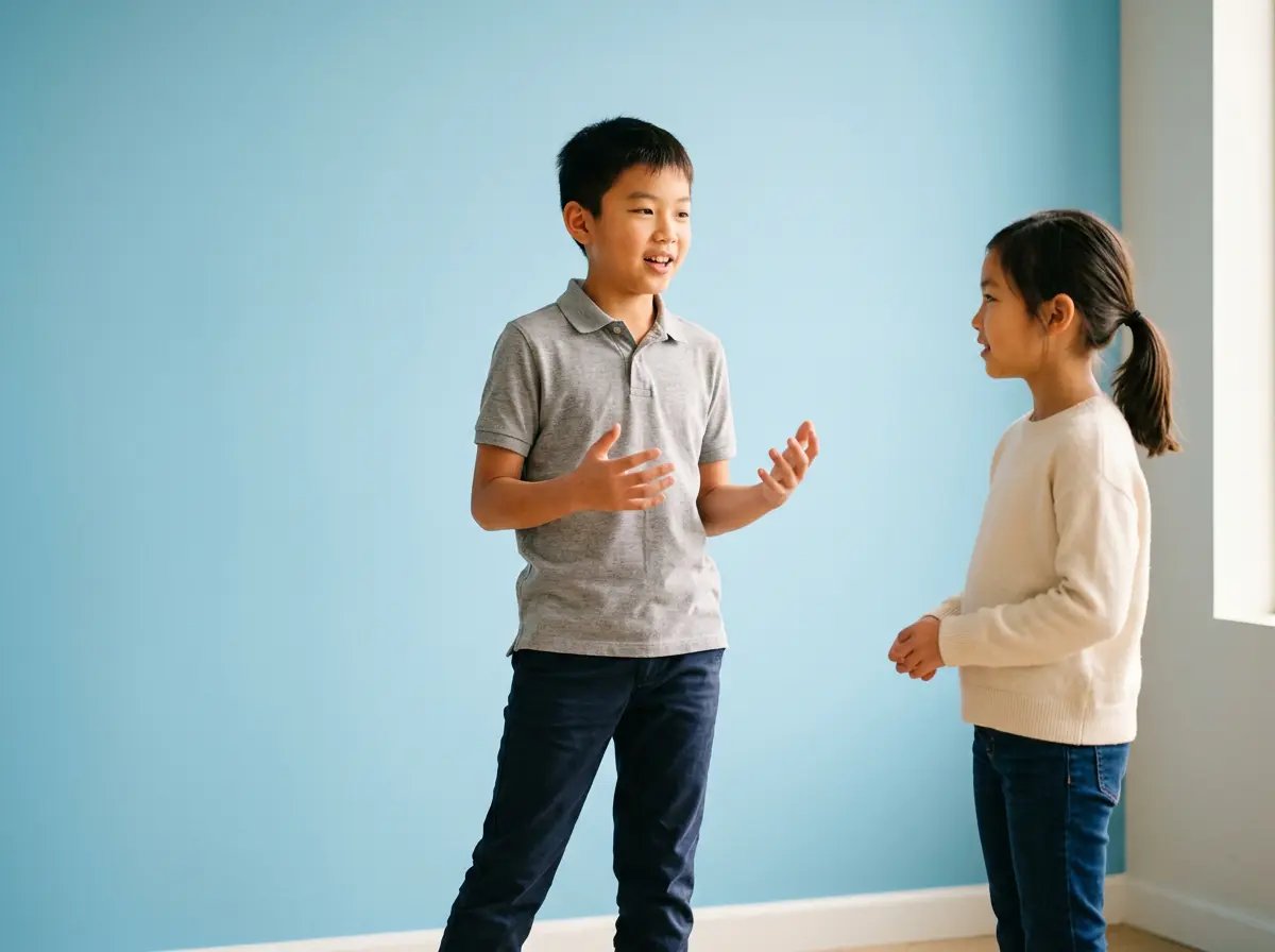 Boy in gray polo talking and gesturing to girl in white sweater against blue wall.