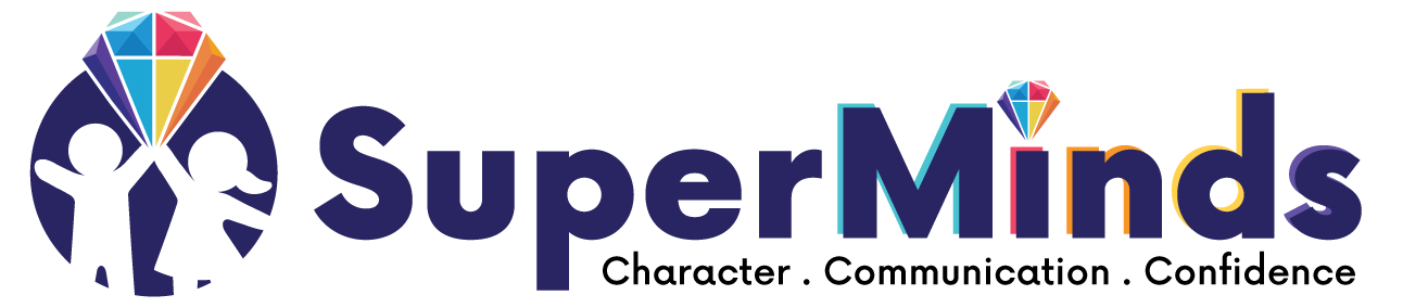 SuperMinds logo in white, Singapore's communication specialist for children and teens.