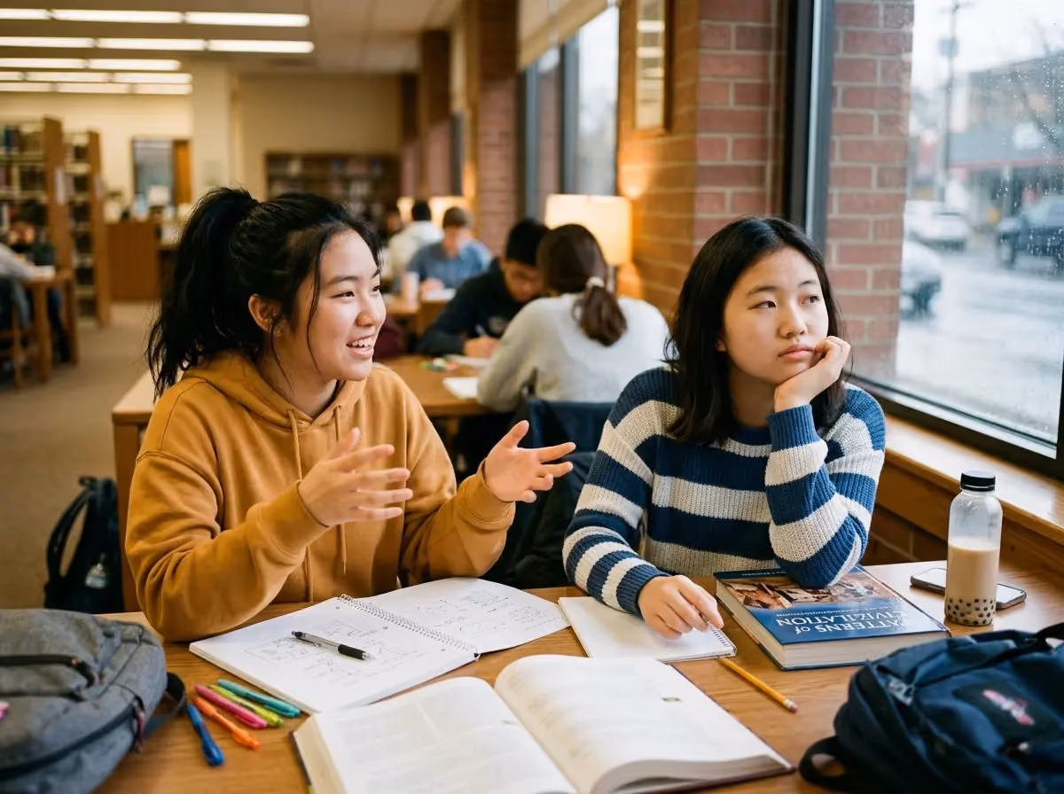 Two young women studying at a table in a library, one talking and one looking out a window.
