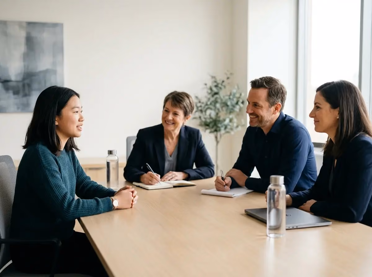 Young Asian woman seated across from a panel of three professionals, practising interview and communication skills.