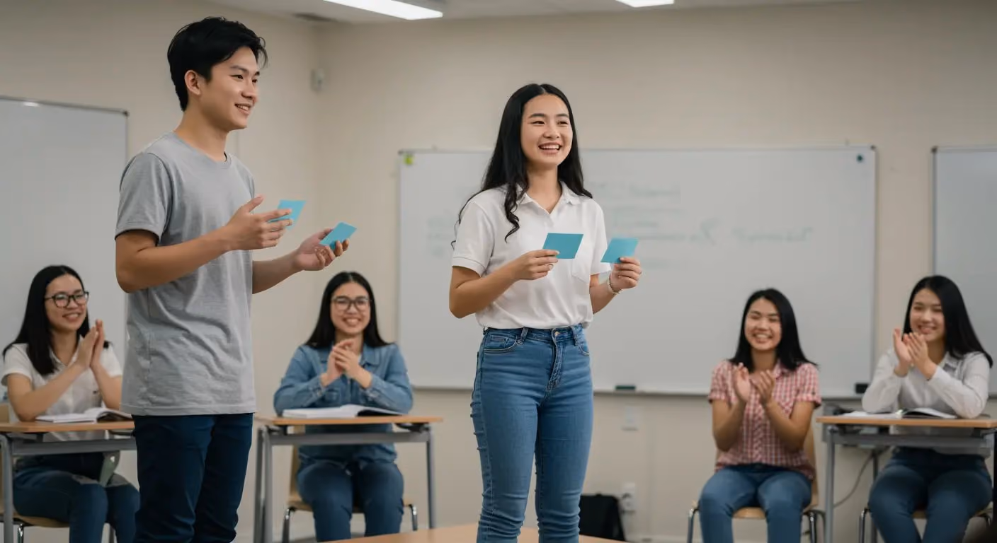Two smiling Asian teenagers standing in front of a whiteboard holding cue cards while their classmates applaud.