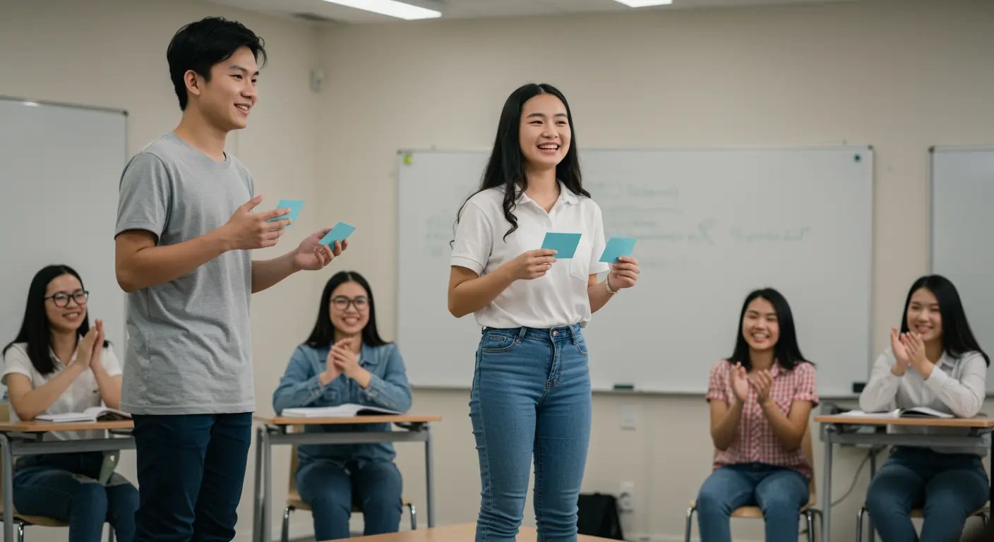 Two smiling Asian teenagers standing in front of a whiteboard holding cue cards while their classmates applaud.