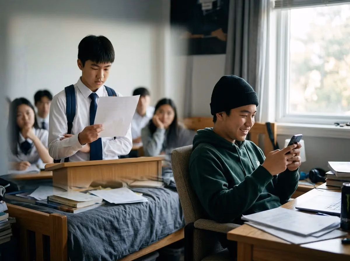 Split image of a student presenting in class and the same student smiling at a phone at a desk.