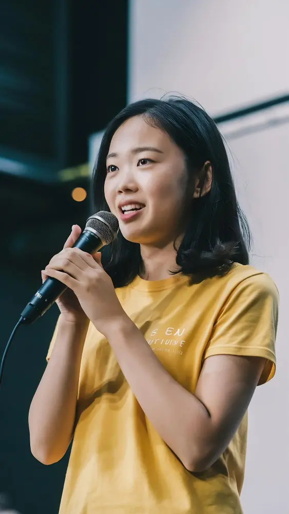 Young Asian woman in a yellow t-shirt speaking confidently into a microphone on stage.