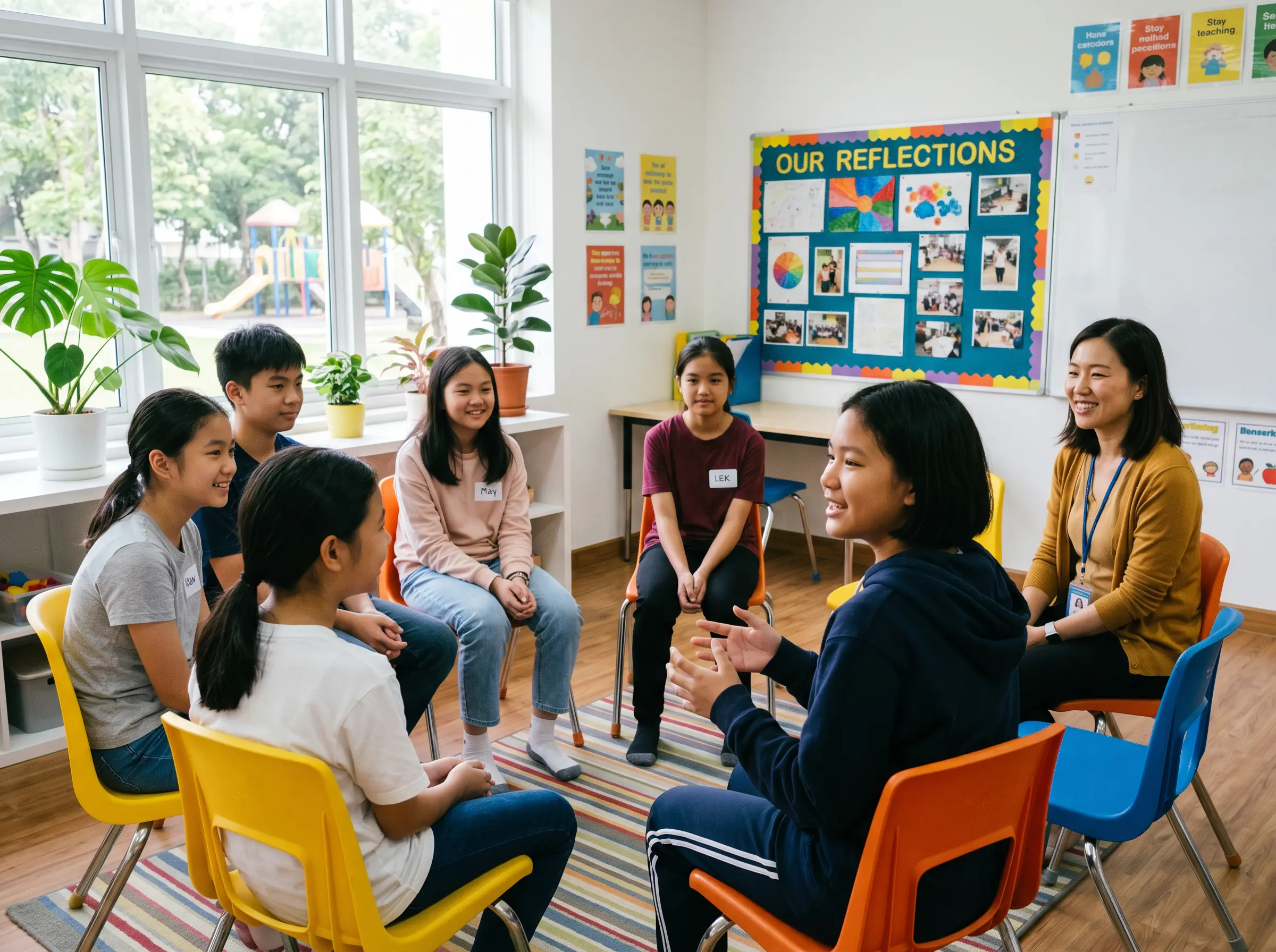 Asian children aged 12 to 15 engaged in a public speaking activity at SuperMinds Singapore.