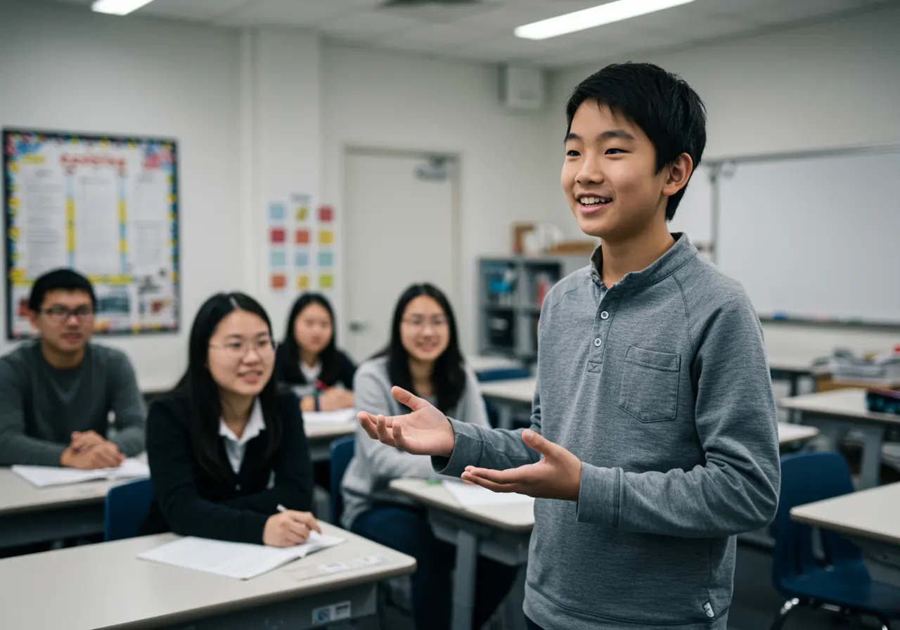 Smiling student giving a presentation in front of seated classmates in a classroom.