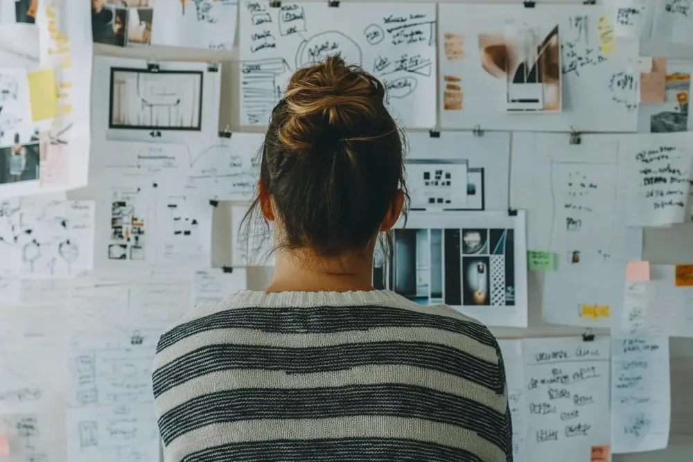 Person viewed from behind studying a wall covered with notes, sketches, and planning diagrams.