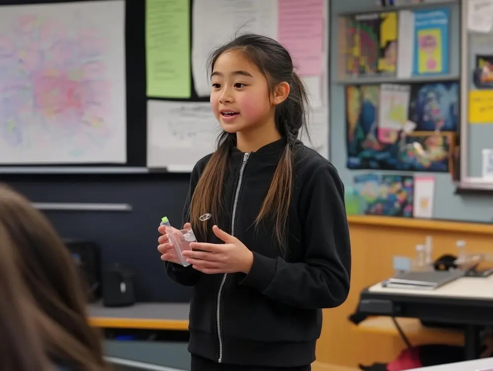 Young Asian girl in black hoodie delivering a speech in front of a classroom whiteboard.
