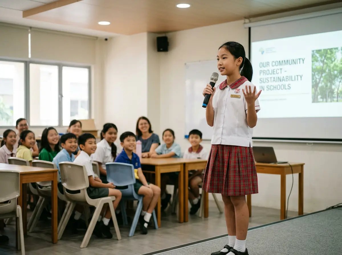 School girl in uniform presenting on community sustainability project to seated students and teachers.