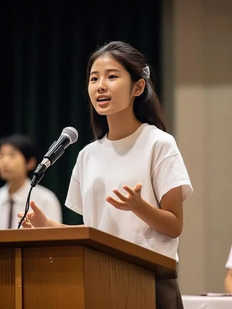 Young Asian teenage girl in a white top speaking at a podium with a microphone at a school event.