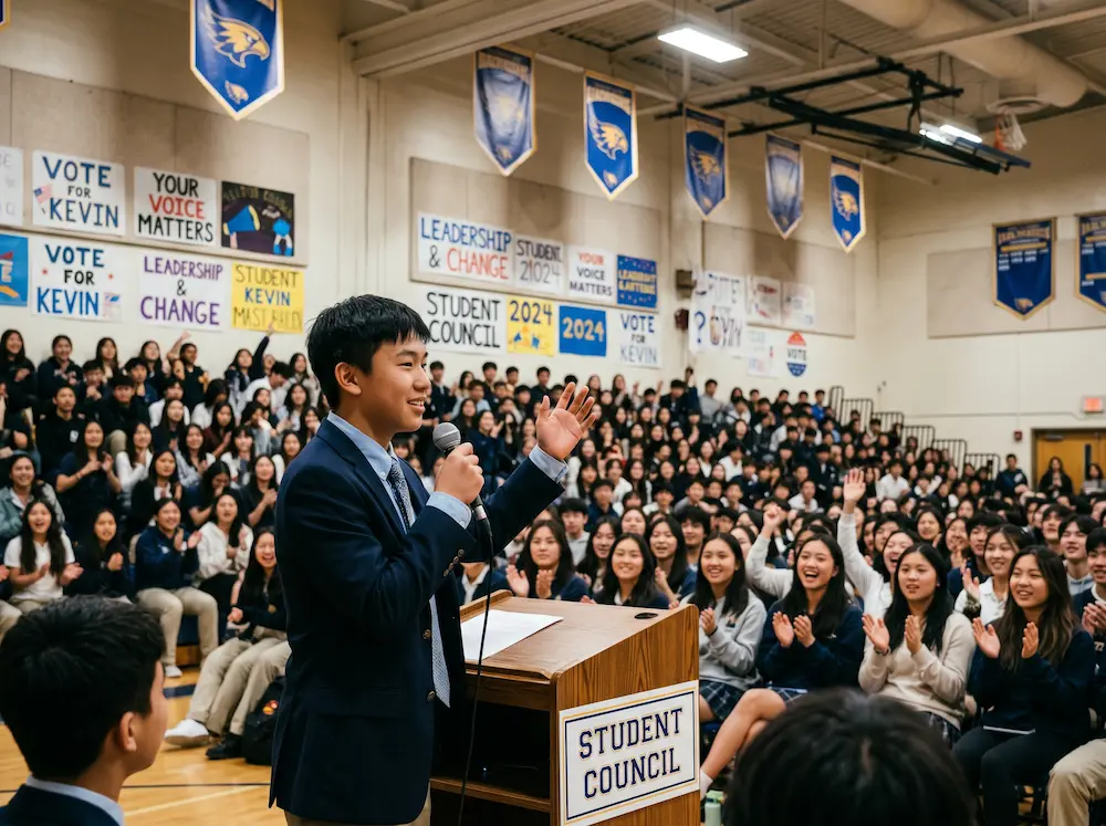Confident Asian teenage boy delivering a speech at a student council podium in front of a packed school assembly.