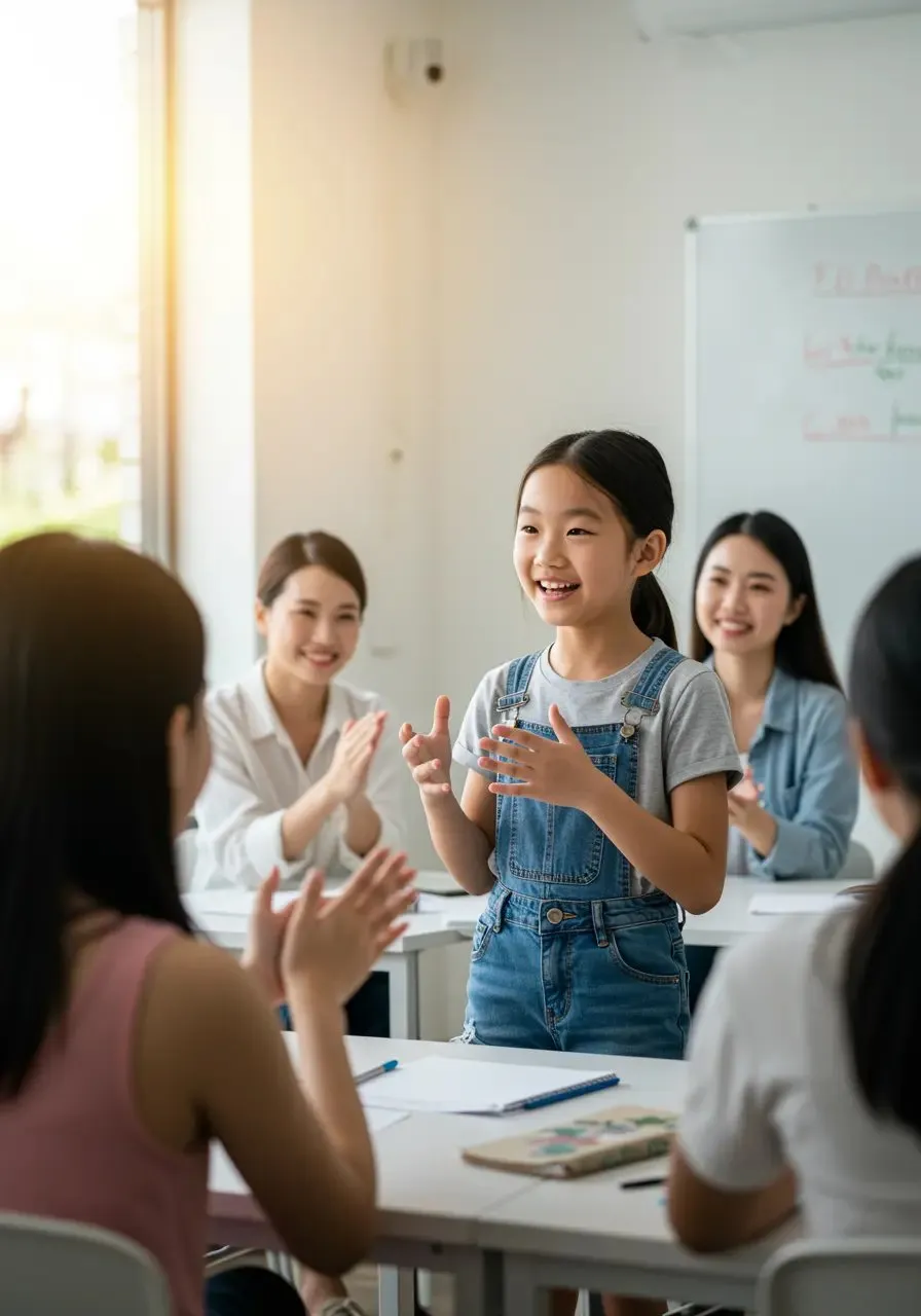 Young Asian girl in denim overalls speaking confidently while her teacher and classmates applaud.