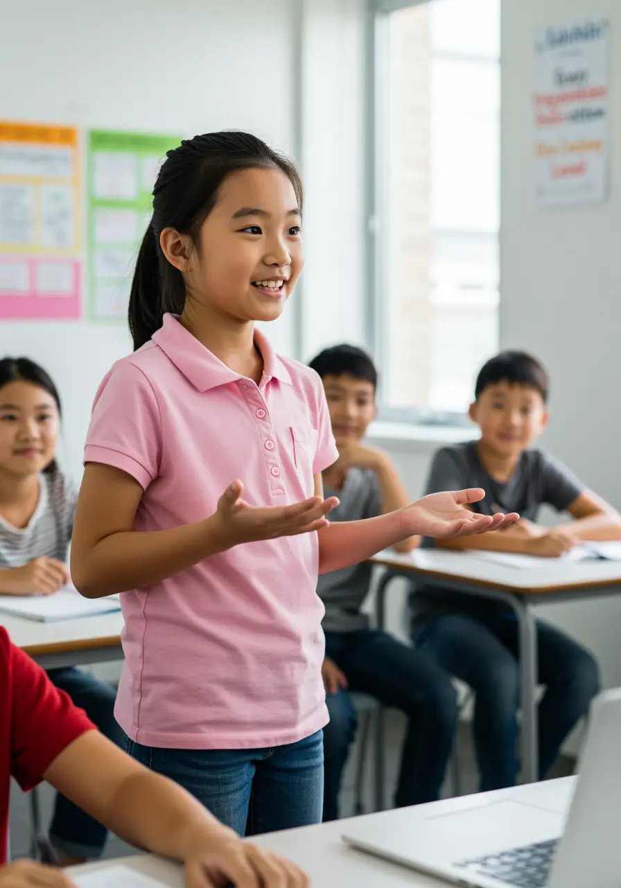 Smiling girl in pink shirt standing and speaking in classroom with seated students.
