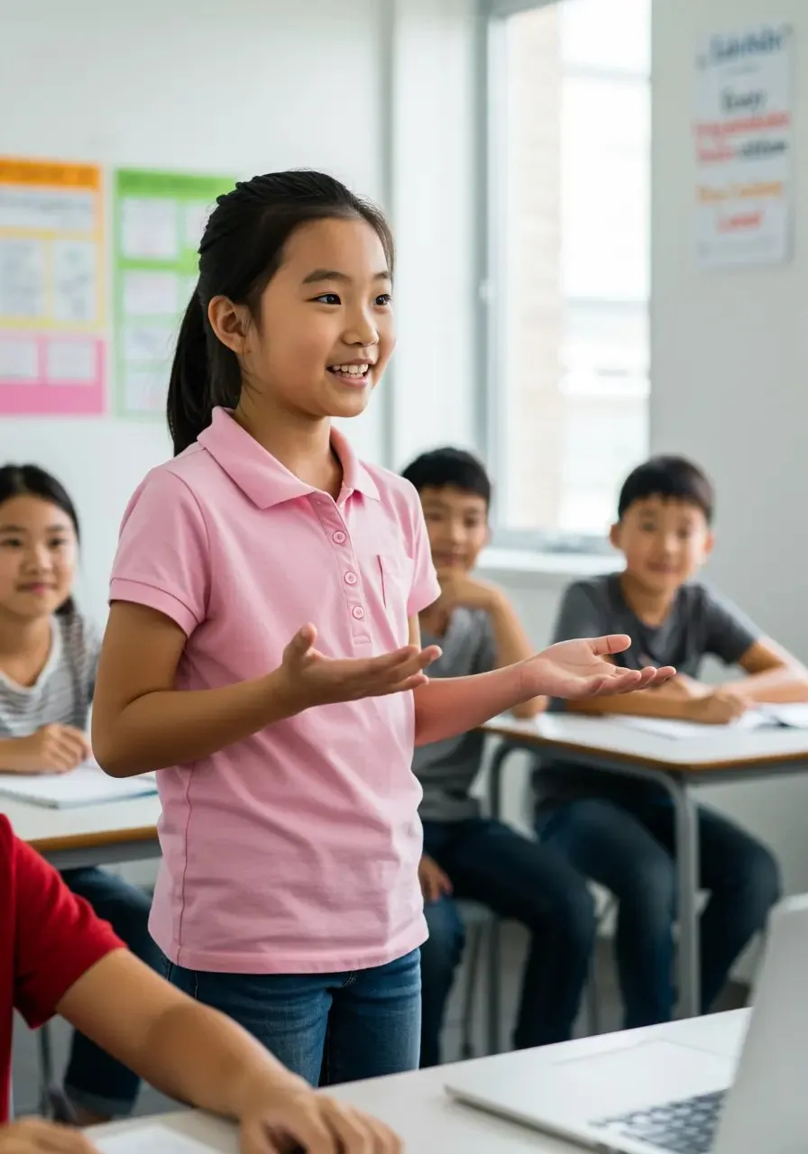 Smiling girl in pink shirt standing and speaking in classroom with seated students.