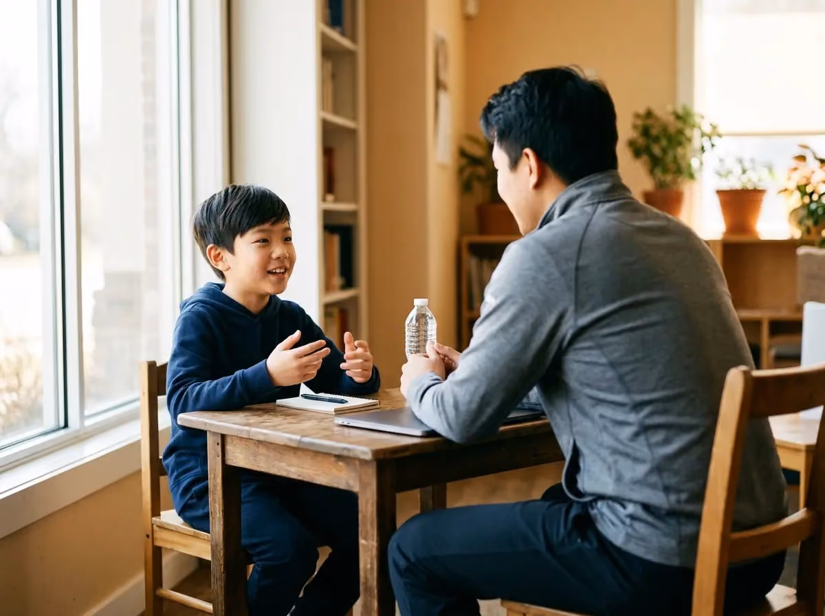 Child and adult sitting at a wooden table talking, with a notebook, laptop, and water bottle nearby.