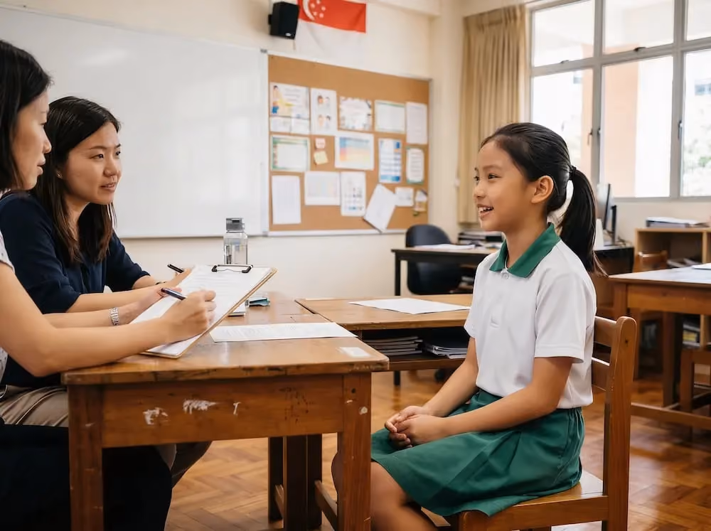 Young girl in school uniform sitting and smiling while talking to two women at a classroom desk.
