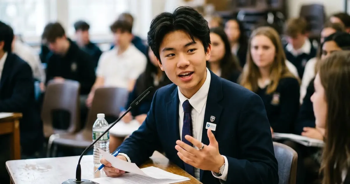 Young man in a suit speaks at a desk with microphone and papers in a classroom setting.