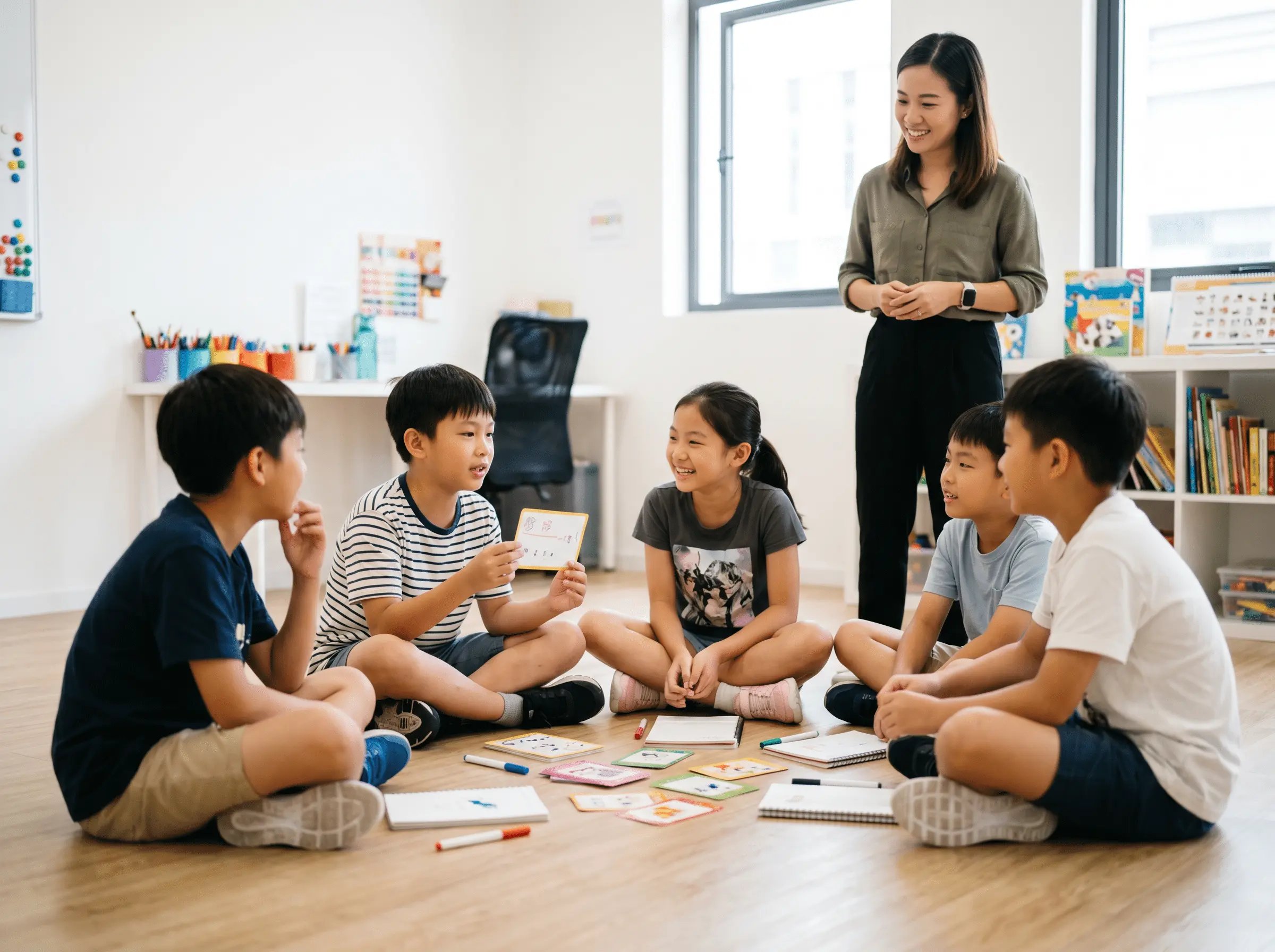 Group of children sitting on floor playing a card game in a classroom with a teacher watching.