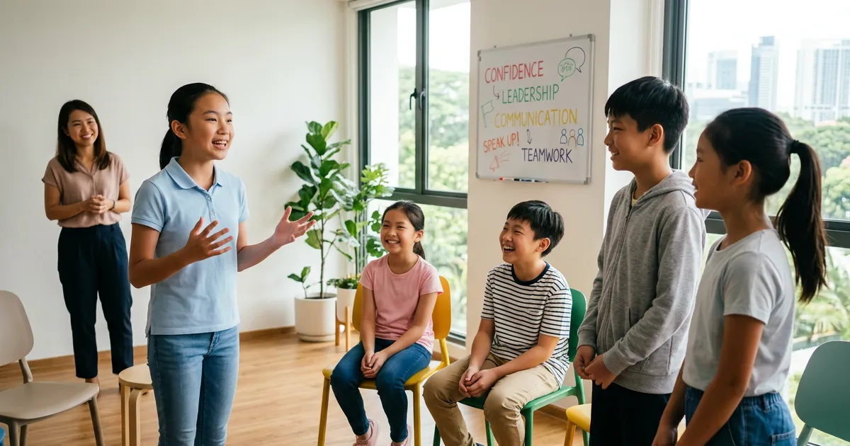 Children smiling and speaking in a classroom with a teacher and a whiteboard showing teamwork skills.