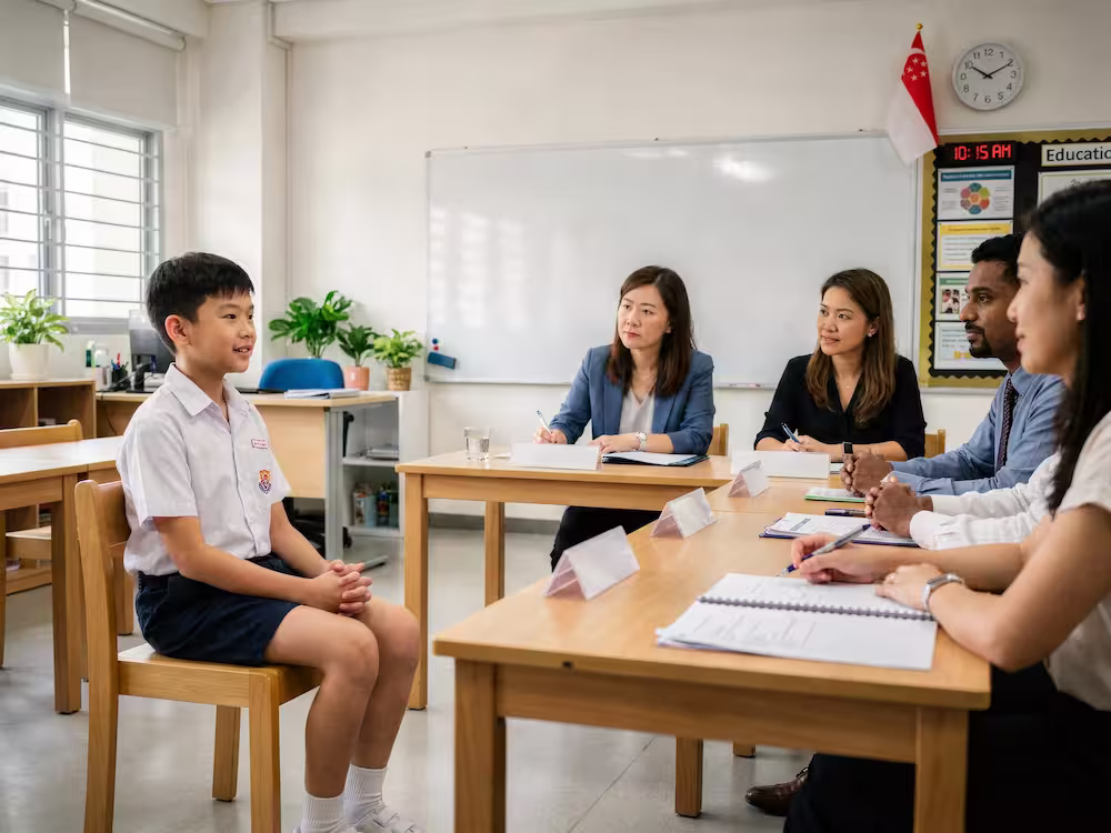 Young student in uniform sitting across from four teachers in a classroom during an interview.