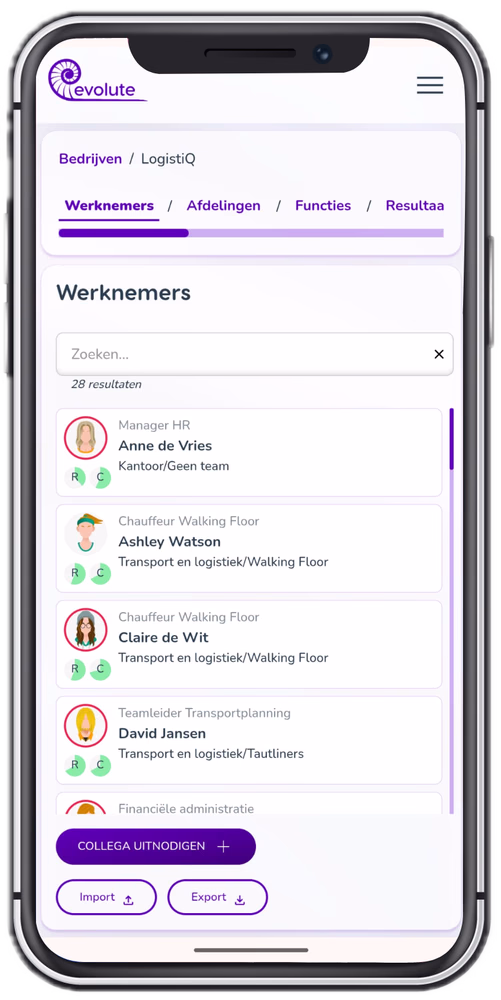 Screenshot van de Evolute App met daarin een lijst van werknemers met statistieken.