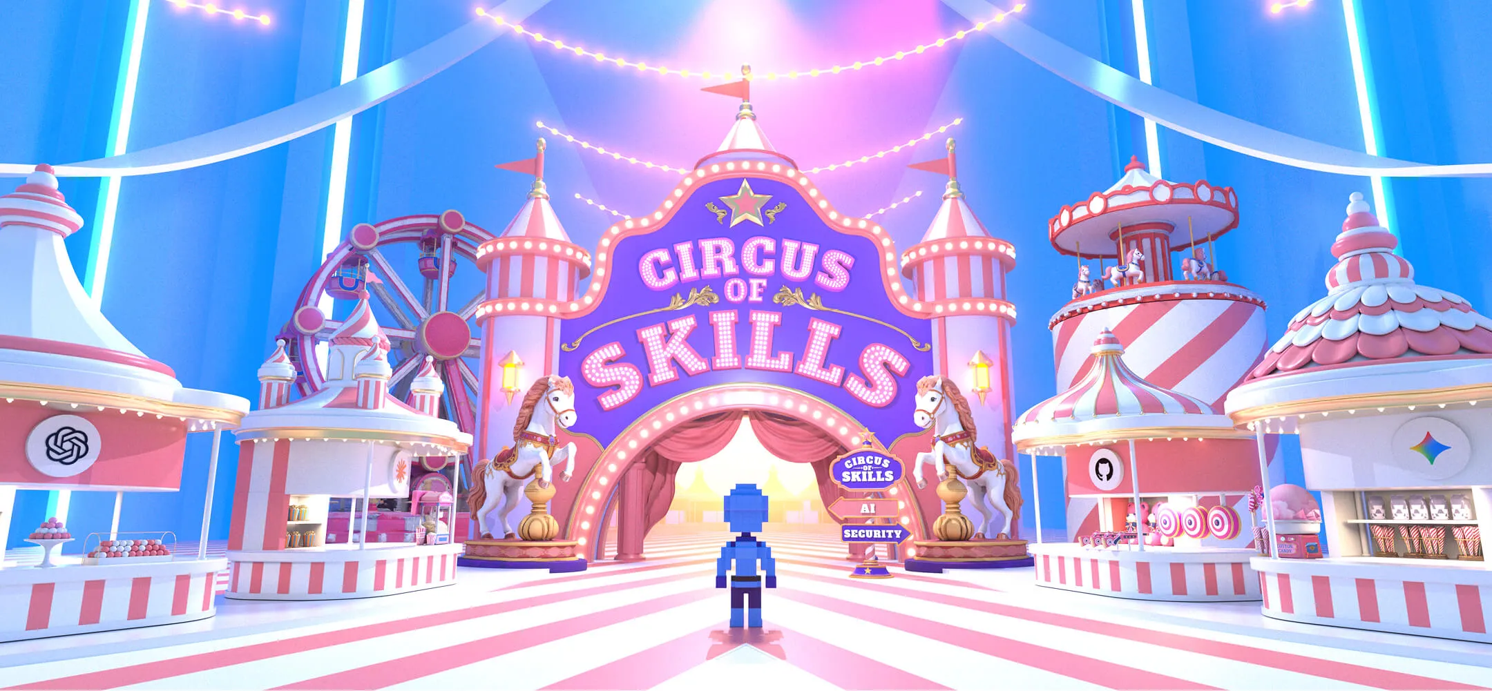 Pixelated character faces a circus entrance with pink and white tents and a Ferris wheel under blue lights.