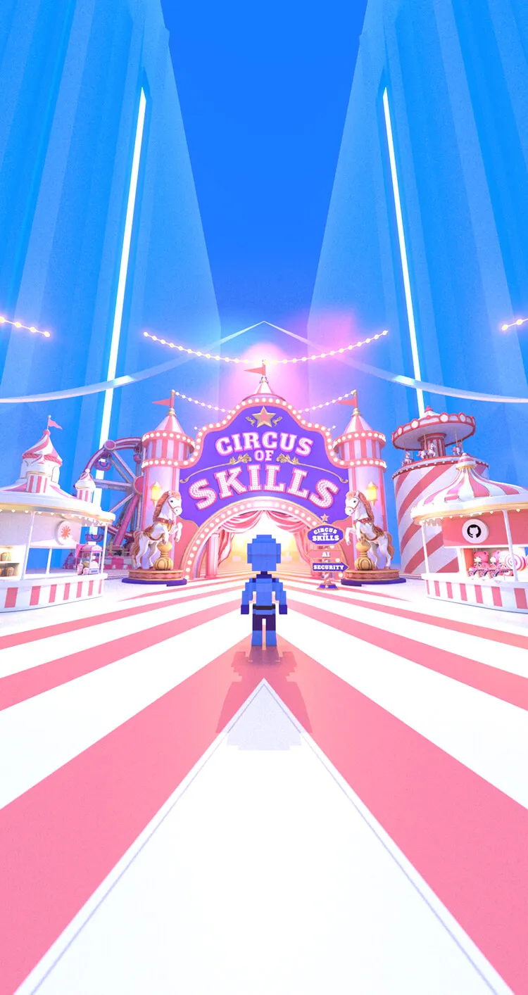 Pixelated character stands facing a colorful Circus of Skills entrance with horses and stalls.
