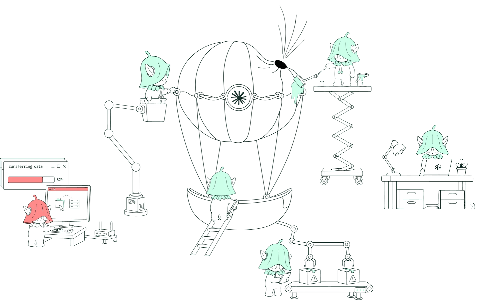 Five small cartoon elves working on a large hot air balloon with computers, ladders, and paint.