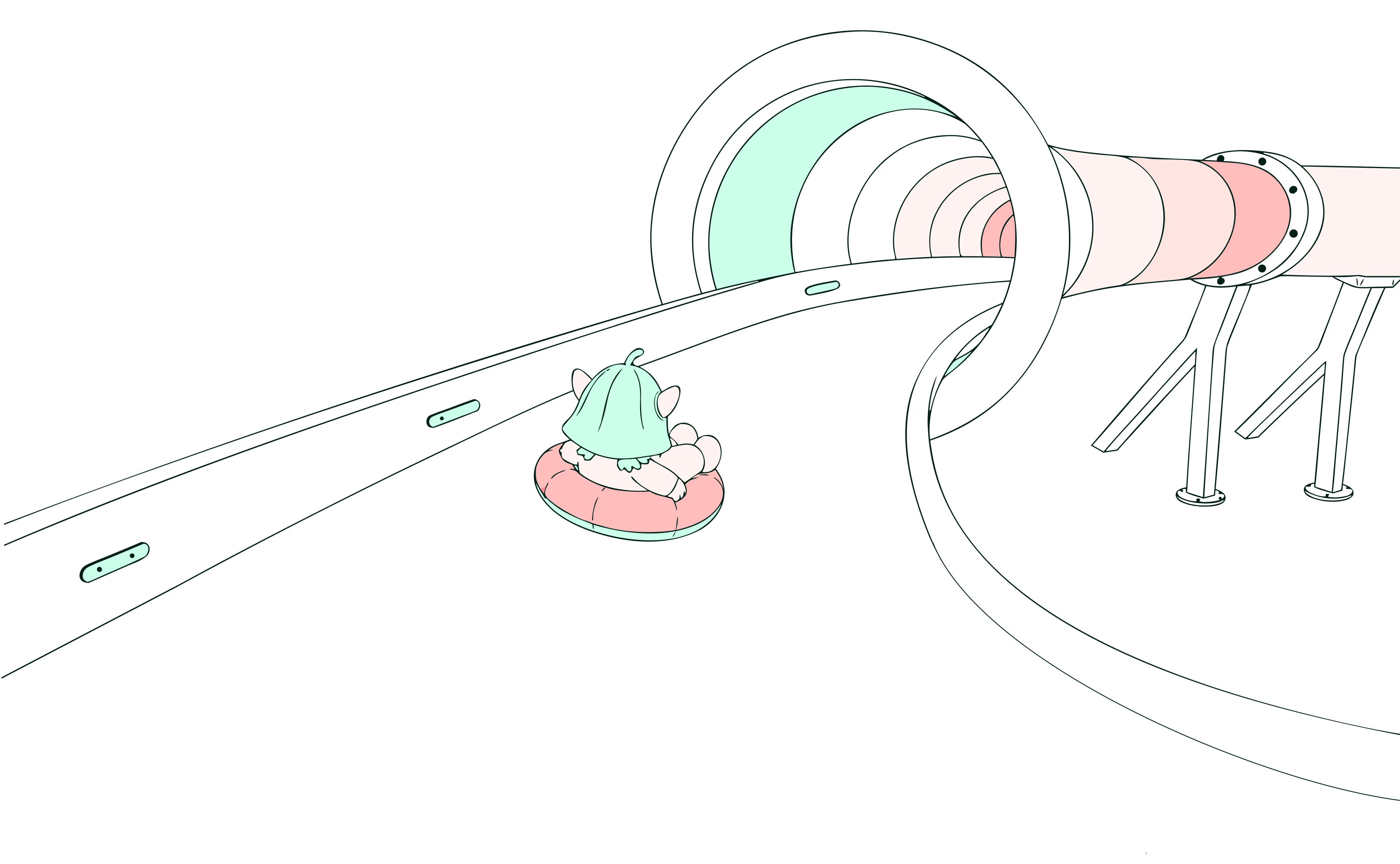 Cartoon character with a helmet sliding on a pink tube slide into a tunnel with rings.