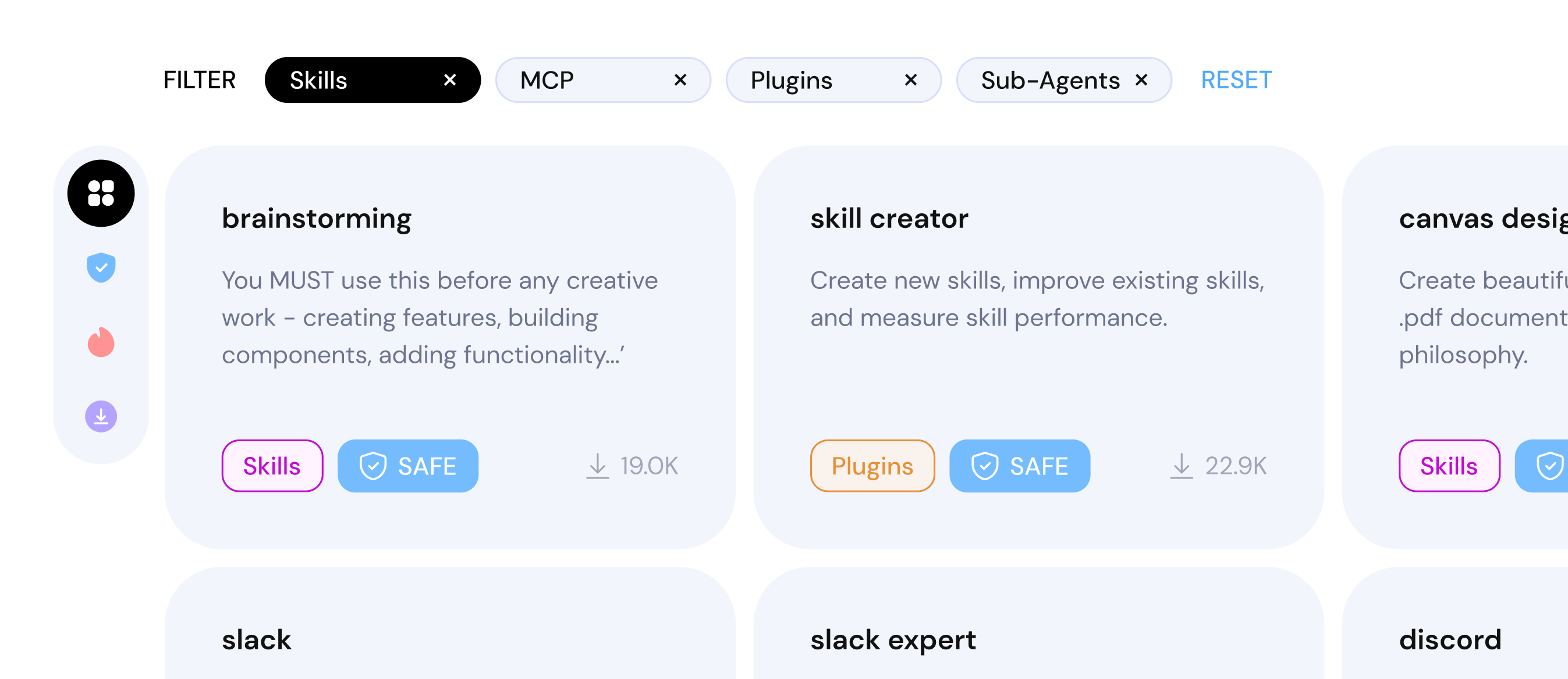 User interface showing filters for Skills, MCP, Plugins, and Sub-Agents with skill cards and download counts.