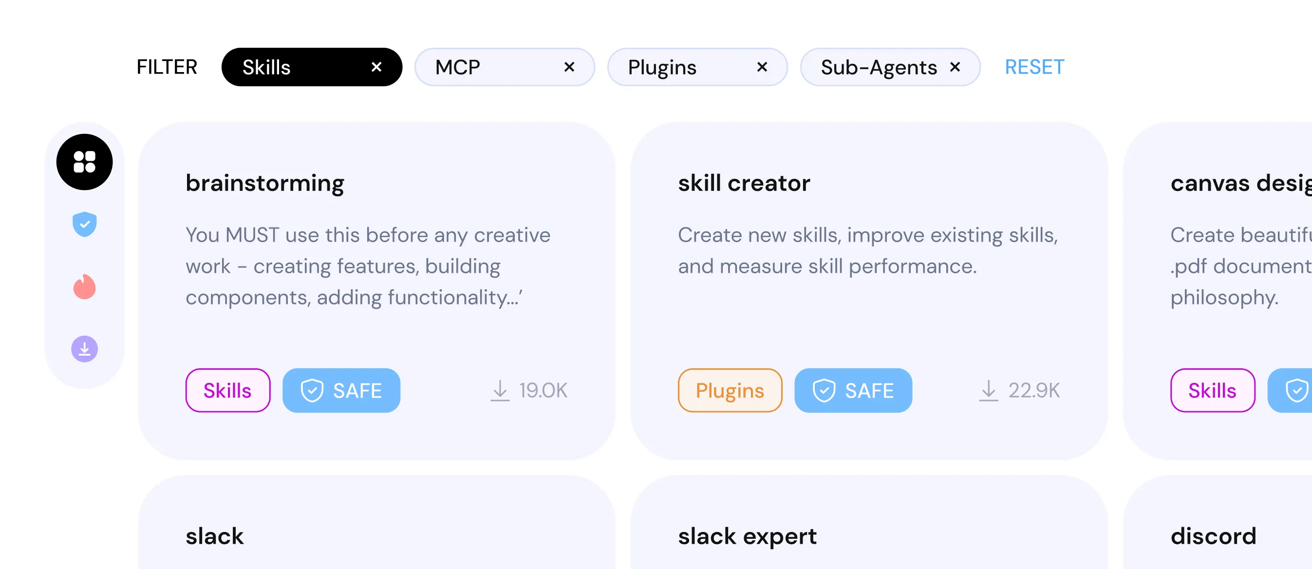User interface showing filters for Skills, MCP, Plugins, and Sub-Agents with skill cards and download counts.