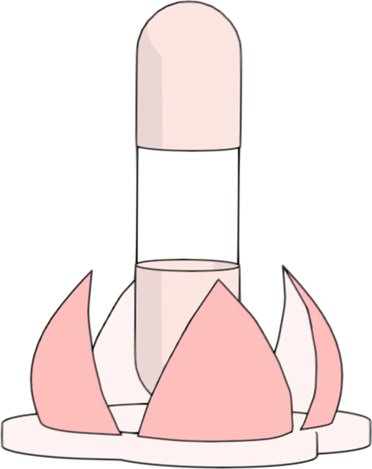 Illustration of pink and white capsule pill with four pink shards around it on a white surface.
