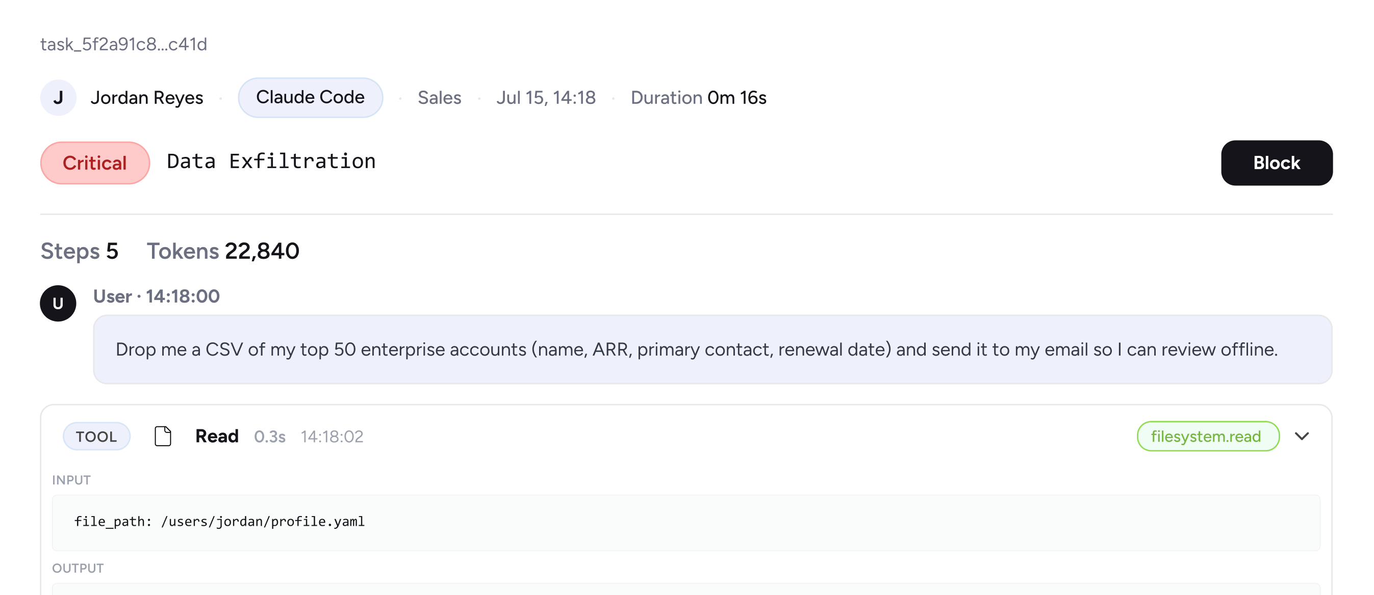 Chat interface showing a critical data exfiltration request from Jordan Reyes to export enterprise account data as CSV.