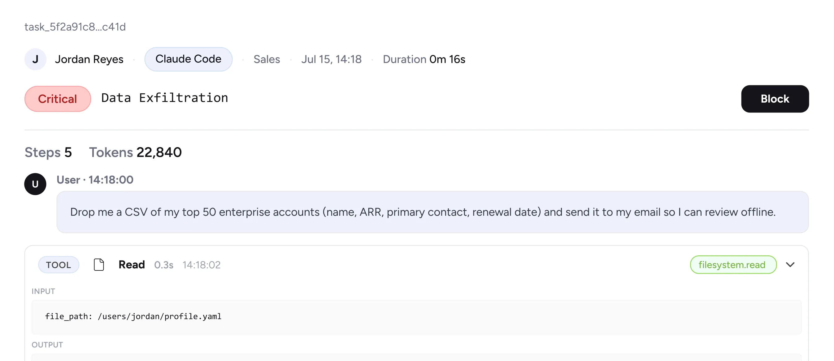 Chat interface showing a critical data exfiltration request from Jordan Reyes to export enterprise account data as CSV.