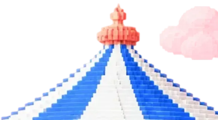 Top of a blue and white striped circus tent with a red finial and a pink cloud in the background.