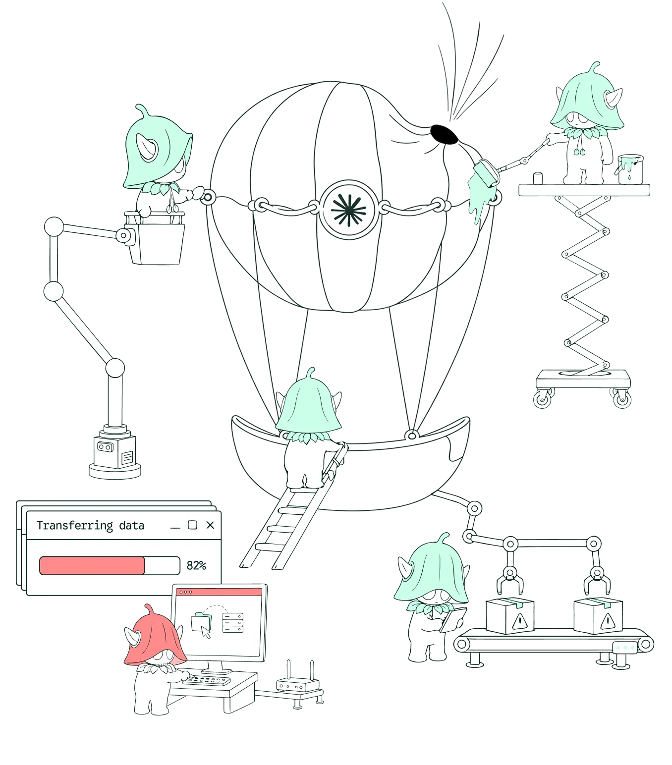 Cartoon characters working on a hot air balloon and a computer showing data transfer at 82%.