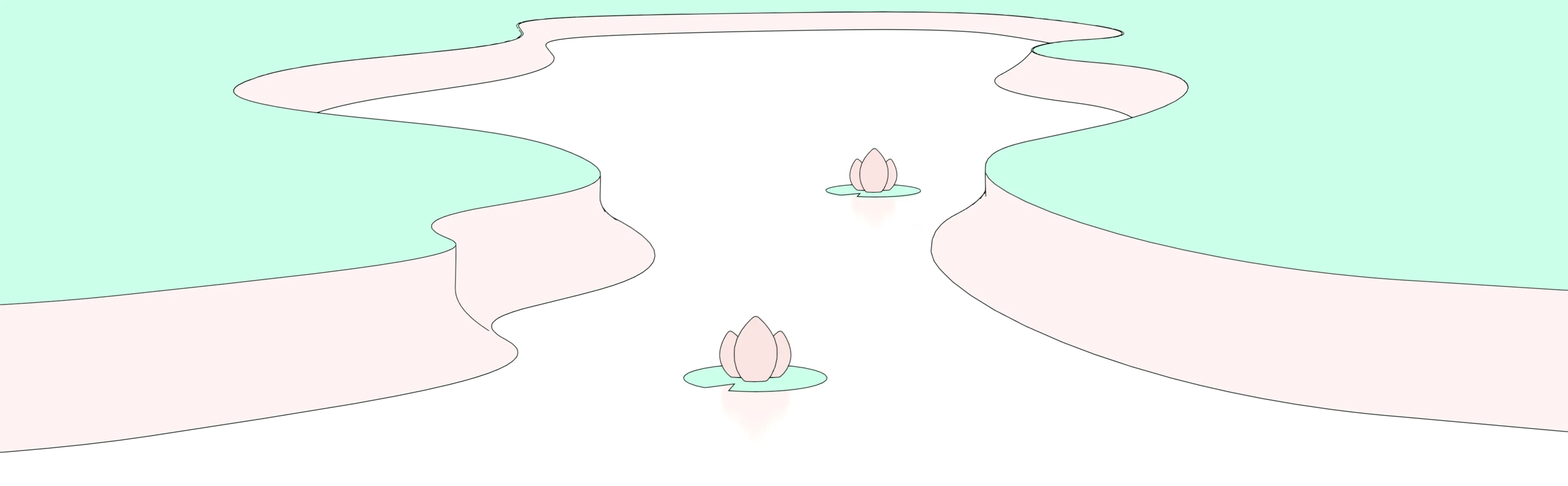 Abstract river with light pink banks and two pink lotus flowers on green lily pads on black water.