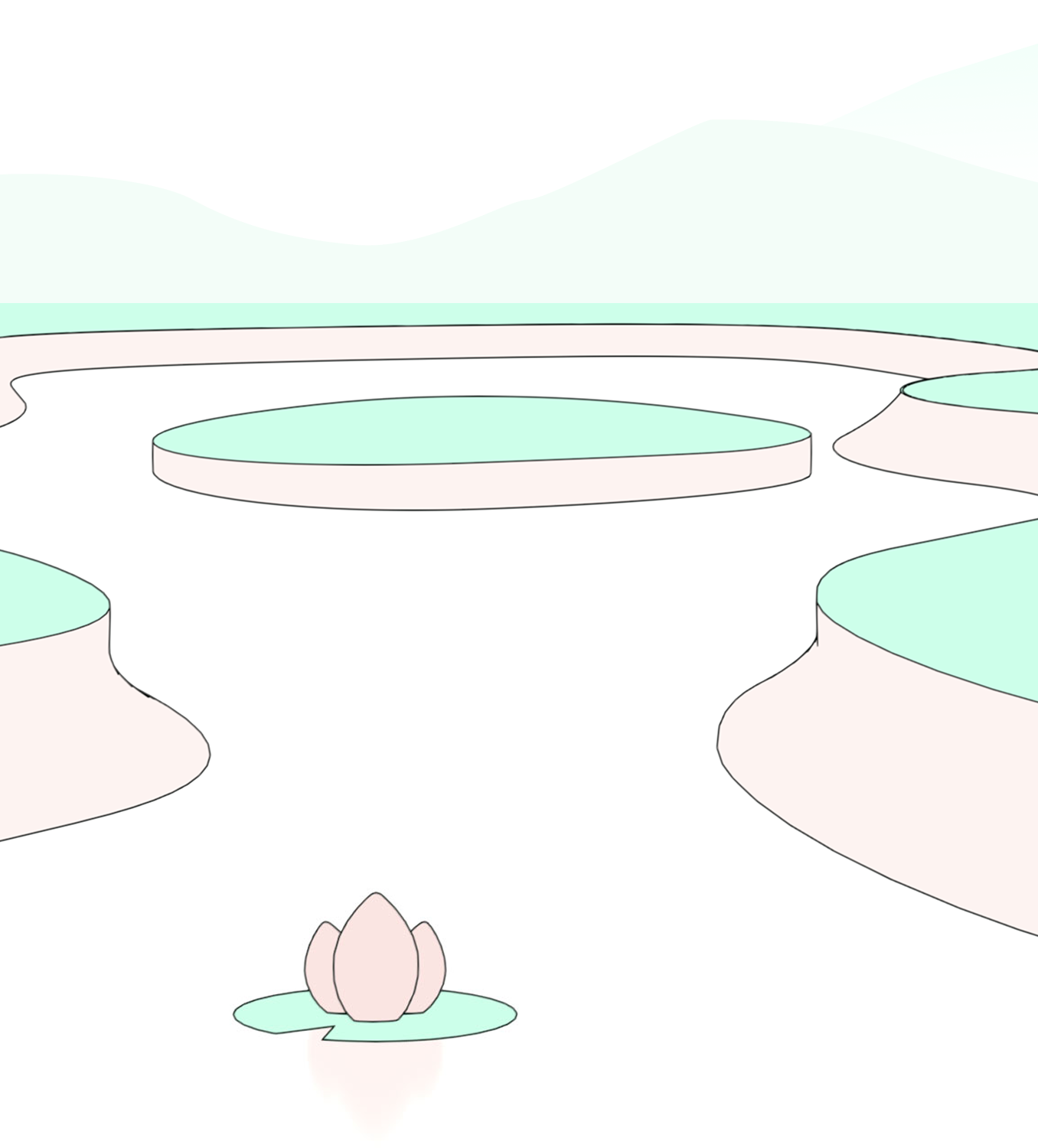 Abstract illustration of large flat circular shapes on black with green and white colors resembling lily pads.
