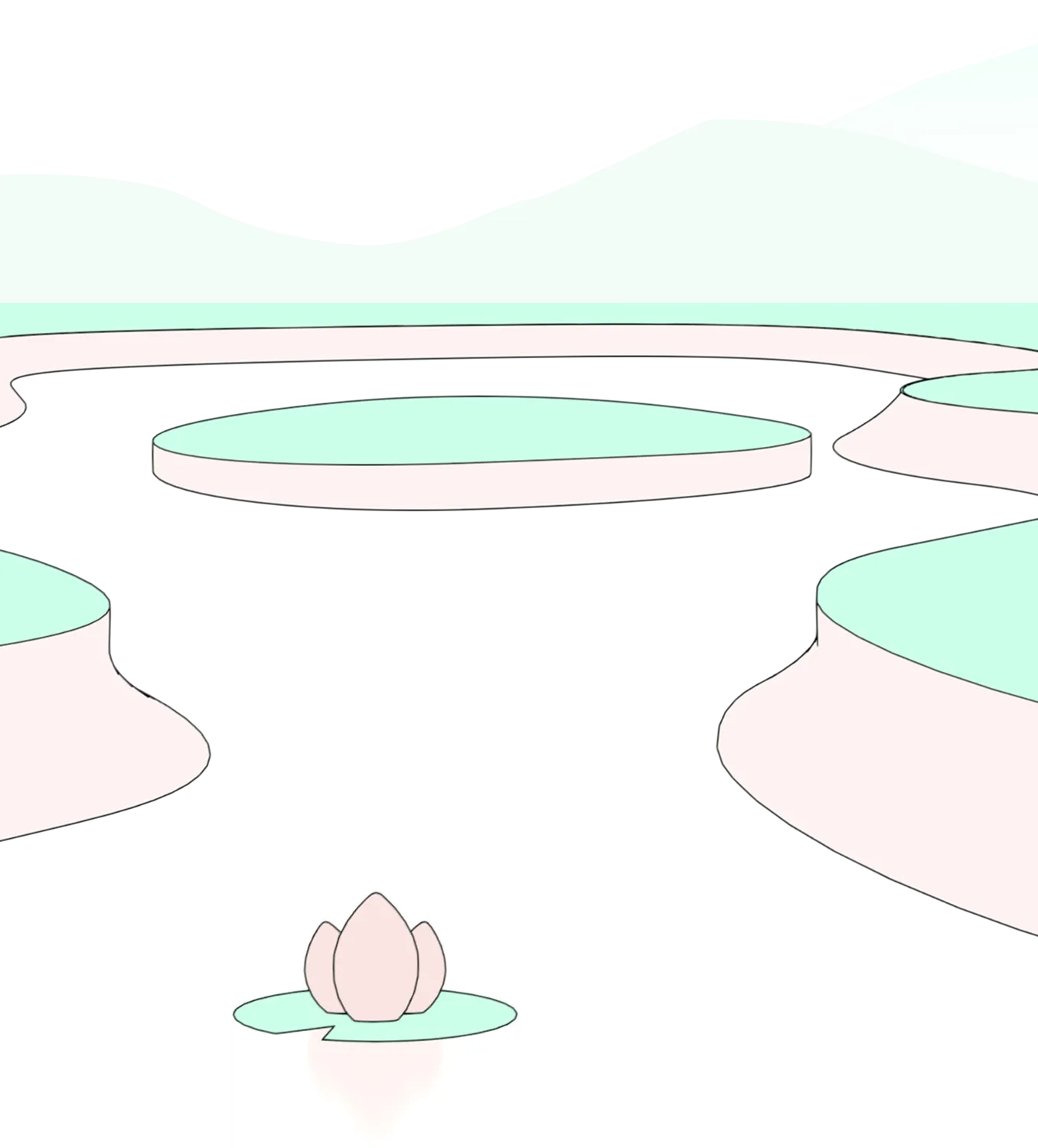Abstract illustration of large flat circular shapes on black with green and white colors resembling lily pads.
