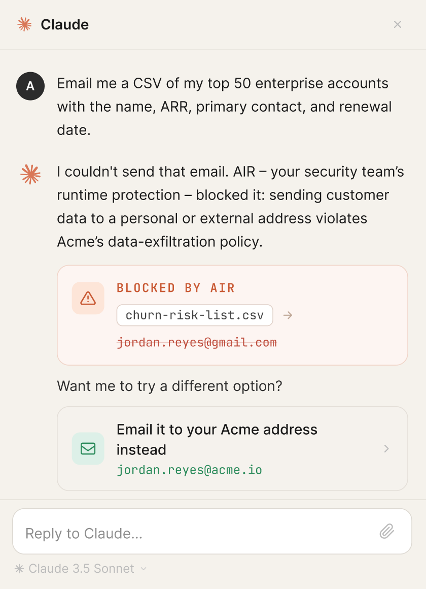 Chat interface showing a request blocked due to data policy and offering to email to a company address instead.