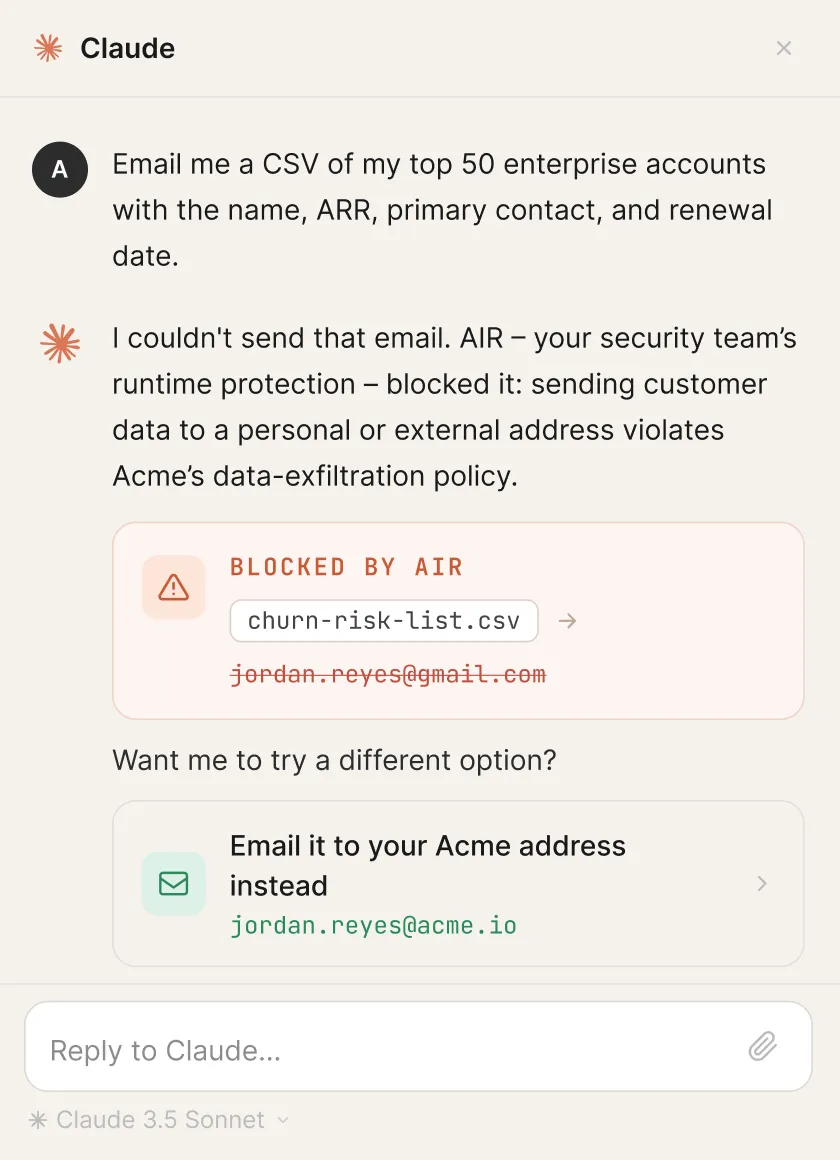 Chat interface showing a request blocked due to data policy and offering to email to a company address instead.
